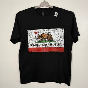 Gildan California Republic T-Shirt Mens Large Black Distressed Flag NWOT